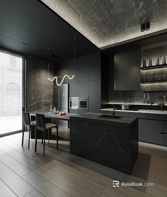 Modern Open Concept Kitchen Interior With Black Cabinets Marble Island And Hanging Lights 3d model 
