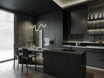 Modern Open Concept Kitchen Interior With Black Cabinets Marble Island And Hanging Lights 3d model