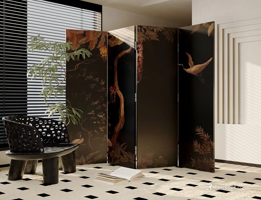 Folding Oriental Decorative Screen With Crane Tree Leaf And Brown Black Patterns 3d model