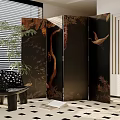 Folding Oriental Decorative Screen With Crane Tree Leaf And Brown Black Patterns 3d model