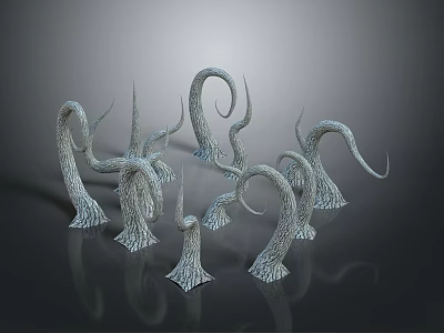 Silver Gray Twisted Plants With Curved Stems And Reflective Base Structure 3d model