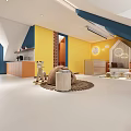 Kids Living Room With Yellow Walls Blue Sloped Ceiling Moon Cloud Decor And Rocking Horse