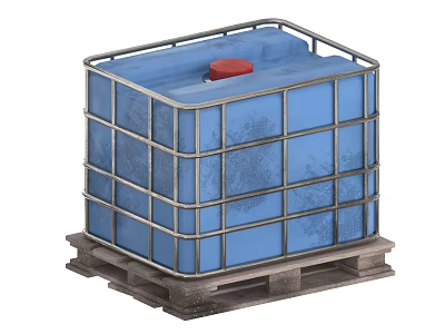 Blue Industrial Equipment Container With Metal Frame Red Lid And Wooden Pallet 3d model