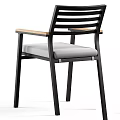 Modern Minimalist Chair With Black Metal Frame Wooden Armrests And Gray Padded Seat