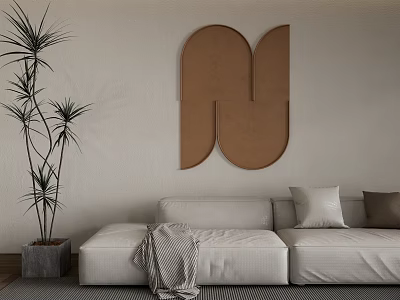 Modern Brown Geometric Wall Decor In Living Room With Sofa And Plant 3d model