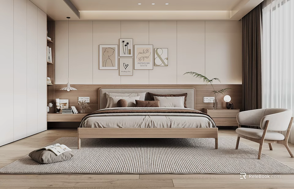 Modern Minimalist Bedroom Interior With Wooden Bed Framed Art And Textured Rug 3d model 