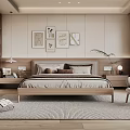 Modern Minimalist Bedroom Interior With Wooden Bed Framed Art And Textured Rug