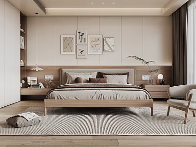 Modern Minimalist Bedroom Interior With Wooden Bed Framed Art And Textured Rug 3d model
