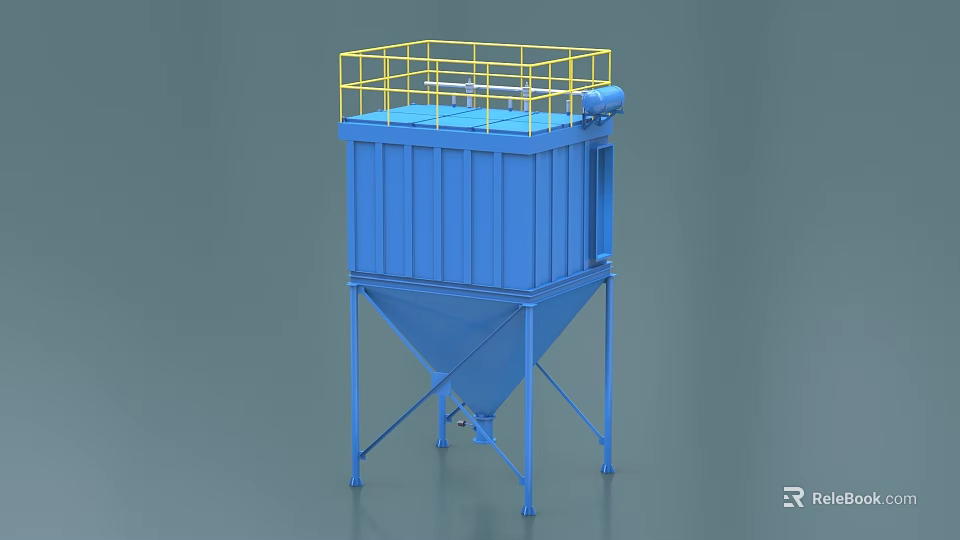 Industrial Blue Dust Collector Equipment with Conical Bottom and Yellow Top Guardrail 3d model 