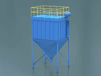 Industrial Blue Dust Collector Equipment with Conical Bottom and Yellow Top Guardrail 3d model