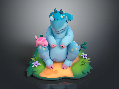 Cute Blue Dinosaur And Pink Pig Cartoon Characters Sitting On Green Grass With Purple Flowers 3d model
