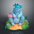 Cute Blue Dinosaur And Pink Pig Cartoon Characters Sitting On Green Grass With Purple Flowers