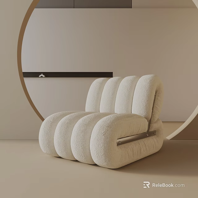 Plush Cream Lounge Chair With Modern Curved Design On Minimalist Beige Background And Circular Decor 3d model 