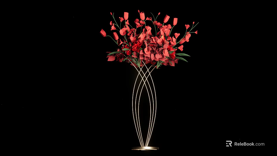 Red Floral Arrangement in Metal Spiral Vase with Black Background 3d model 
