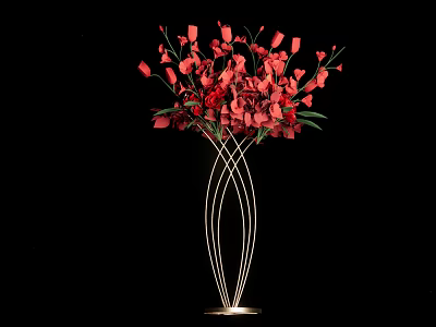 Red Floral Arrangement in Metal Spiral Vase with Black Background 3d model