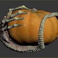 Orange Pumpkin Decorated With Skeleton Bone Ornaments On Dark Background