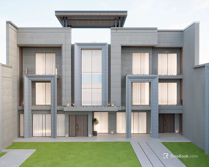 Modern Detached Villa Exterior Design With Gray Facade Large Windows And Front Lawn 3d model 