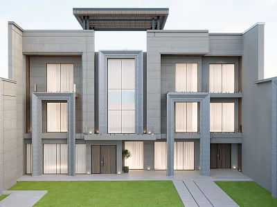Modern Detached Villa Exterior Design With Gray Facade Large Windows And Front Lawn 3d model