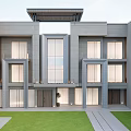 Modern Detached Villa Exterior Design With Gray Facade Large Windows And Front Lawn