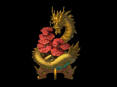 Decorative Golden Dragon Sculpture With Red Flowers And Ornate Green Base 3d model
