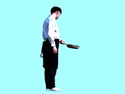Man In White Shirt Black Pants Holding Frying Pan Against Light Blue Background 3d model