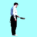 Man In White Shirt Black Pants Holding Frying Pan Against Light Blue Background