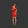 Standing In Red Polka Dot Dress Holding Black Cup Against Gray Background With Beige Shoes
