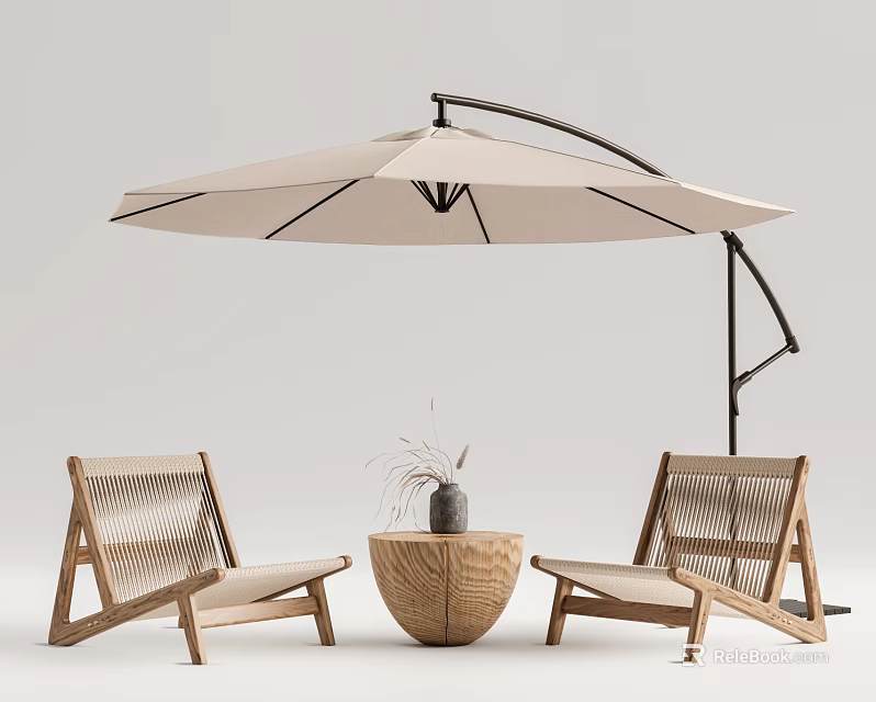 Round Wooden Outdoor Table With Woven Chairs And Cantilever Umbrella For Patio Setting 3d model 