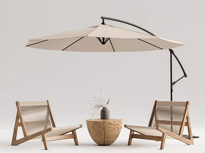 Round Wooden Outdoor Table With Woven Chairs And Cantilever Umbrella For Patio Setting 3d model