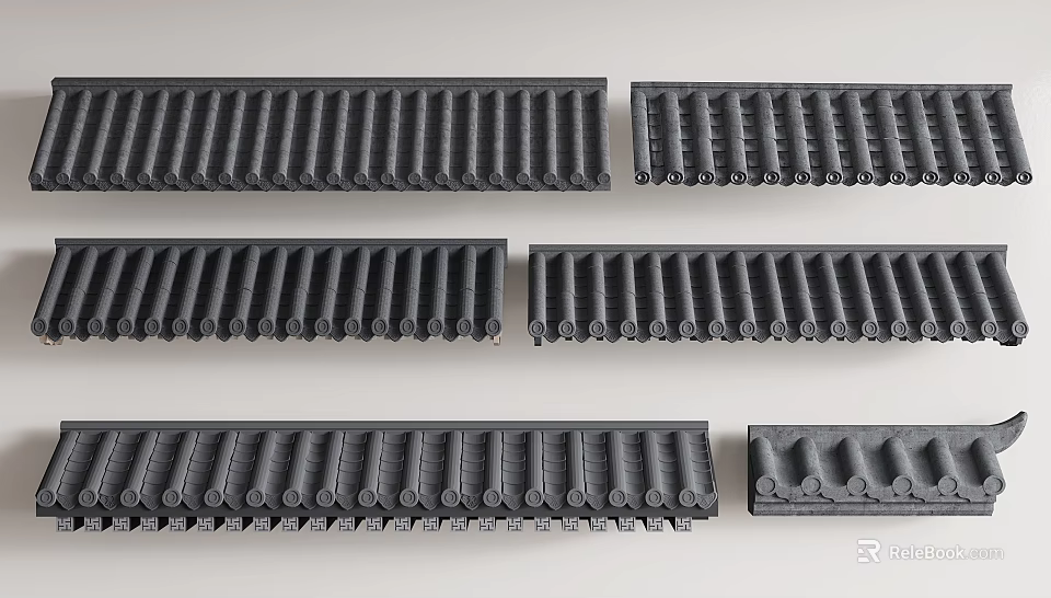Industrial Black Long Grooved Components with Toothed Design and Different Sizes 3d model