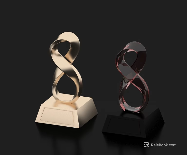 Sculpture Carving of Trophy Shaped Artworks with Golden and Transparent Designs and Square Bases 3d model 