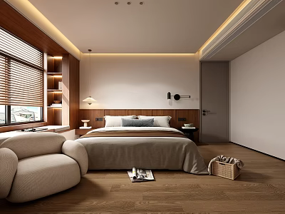 Modern Bedroom Interior Design With Wooden Flooring Beige Sofa Window Blinds And Strip Lighting 3d model