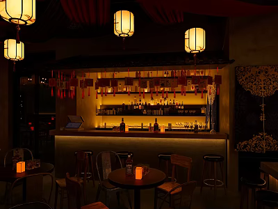 Traditional Chinese Bar with Hanging Lanterns Bartop Wine Bottles Tables Chairs and Decor 3d model
