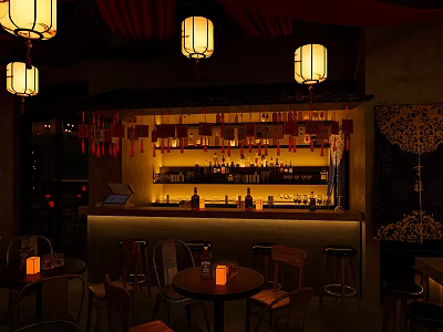 Traditional Chinese Bar with Hanging Lanterns Bartop Wine Bottles Tables Chairs and Decor 3d model