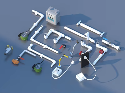 Essential Household Plumbing Supplies With Pipes Valves Faucets Fittings Hoses And Connectors 3d model