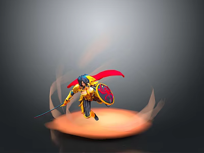 Woman in Yellow and Red Outfit Holding Sword and Shield with Orange Light Effects 3d model