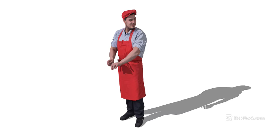 Man Wearing Red Cap And Red Apron With Blue Shirt Black Pants And Shoes 3d model 