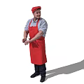 Man Wearing Red Cap And Red Apron With Blue Shirt Black Pants And Shoes