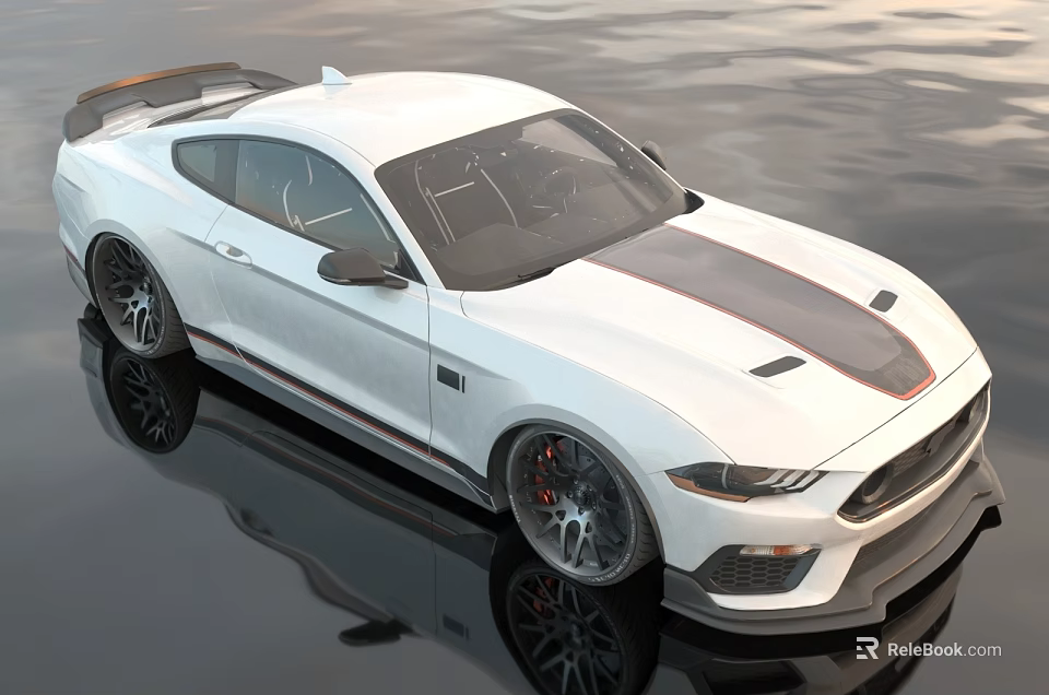 White Ford Mustang Sports Car With Black Stripe Sleek Design Silver Wheels Red Brake Calipers 3d model 
