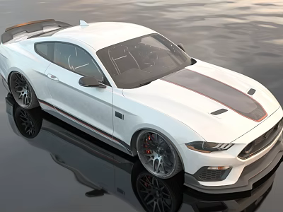 White Ford Mustang Sports Car With Black Stripe Sleek Design Silver Wheels Red Brake Calipers 3d model