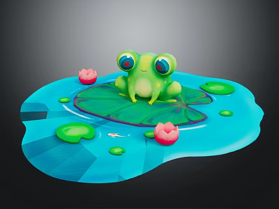 Green Frog With Big Eyes Sitting On Lotus Leaf In Blue Water With Pink Flowers 3d model