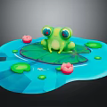 Green Frog With Big Eyes Sitting On Lotus Leaf In Blue Water With Pink Flowers