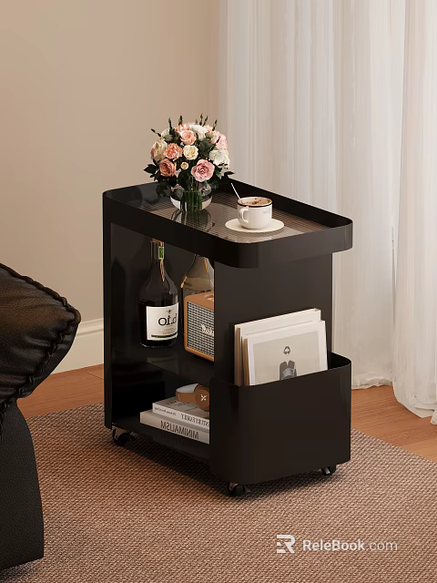 Modern Black Side Table With Flowers Coffee Cup Wine Bottle Radio And Books On Wheels 3d model 