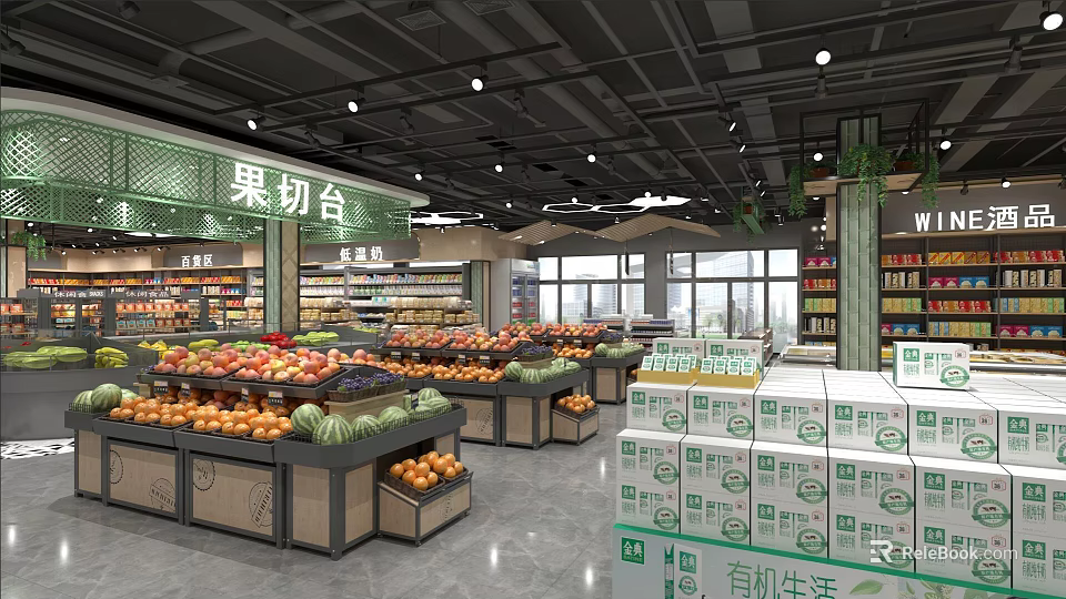 Supermarket Grocery Store With Fresh Fruit Display Fruit Cutting Station And Organic Milk Boxes 3d model 