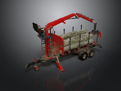 Red Timber Truck with Extended Crane Arm Loaded with Stacked Wood Logs for Forestry Transport 3d model