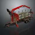 Red Timber Truck with Extended Crane Arm Loaded with Stacked Wood Logs for Forestry Transport