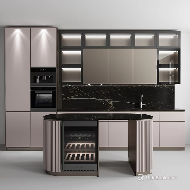 Modern Kitchen Interior With Light Colored Cabinets Marble Countertop And Wine Cooler 3d model 