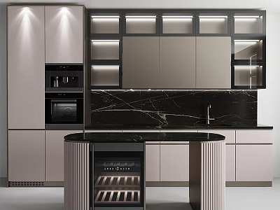 Modern Kitchen Interior With Light Colored Cabinets Marble Countertop And Wine Cooler 3d model