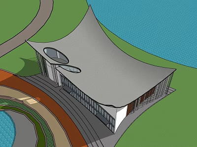Modern Building With Unique Curved Roof In Waterfront Green Landscape Area 3d model