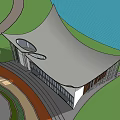 Modern Building With Unique Curved Roof In Waterfront Green Landscape Area